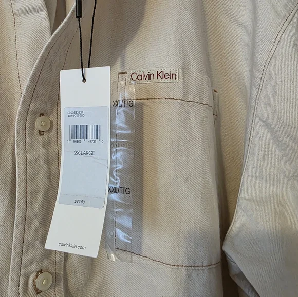Calvin Klein Button Up Camp Shirt Collared Shortsleeve Mens XXL Cream Cotton - Picture 4 of 7